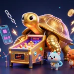 Spin and win at Kim66 with a colossal golden tortoise pinball machine surrounded by vibrant crypto elements.