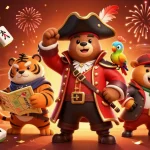 Engage in thrilling gaming at 98win com with pirate bear and tiger in a festive casino scene.