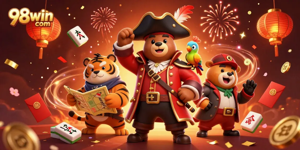 Engage in thrilling gaming at 98win com with pirate bear and tiger in a festive casino scene.