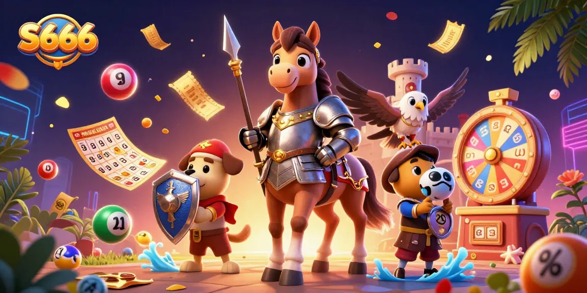 Engage in exciting games at S666 with a vibrant casino scene filled with lottery balls and colorful prizes.