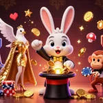 Experience the excitement of qs88 with a 3D illustration featuring a magician rabbit, casino games, and bright golden coins.