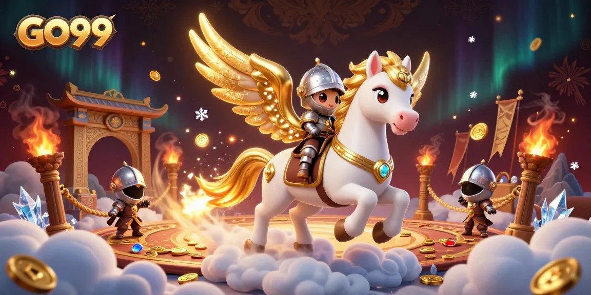 Experience the thrill of GO99 casino with a magical horse and knight in a vibrant gaming arena.
