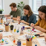 Creative individuals designing custom keychains in a vibrant workshop