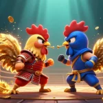 No deposit bonus codes illustrated with a duel between cartoon fighting roosters in a dynamic casino arena setting.