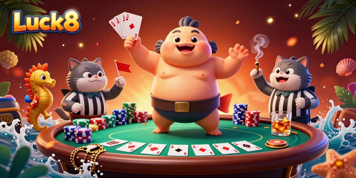 Engage in thrills at Luck8 with a vibrant underwater poker scene featuring playful characters.
