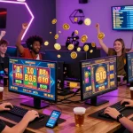 Permainan slot online yang seru dengan pemain penuh semangat, menampilkan kemeriahan dan suasana kompetitif di lingkungan gaming modern.