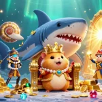 Sparkle with galaxy 6623 as the golden hamster king rules from a megalodon throne surrounded by treasures.