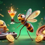 Experience luck8's vibrant casino scene with a lively mosquito mascot and glowing crypto elements.