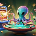 Engage in thrilling games with phwin, featuring an alien octopus at a holographic poker table surrounded by vibrant casino elements.