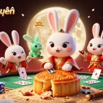Xoilac trực tuyến showcases a vibrant scene with poker chips and cards around a folklore rabbit on the moon.