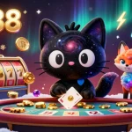 Experience the cosmic gaming allure at hm88 with vibrant slot reels and crypto symbols at play.