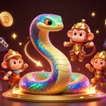 Experience OKFUN with a dynamic 3D casino-themed illustration featuring a rainbow serpent and monkey king.