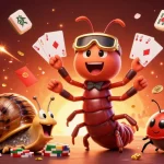 Experience the vibrant excitement of ee88 with a cartoon millipede dealer amidst a thrilling casino setting.