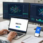 用户在现代办公环境中使用快连VPN应用，展示网络分析图表和高效连接，体现安全和稳定性。