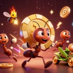 Ants and grasshopper racing with a giant poker chip in LUCK8-themed digital heist illustration