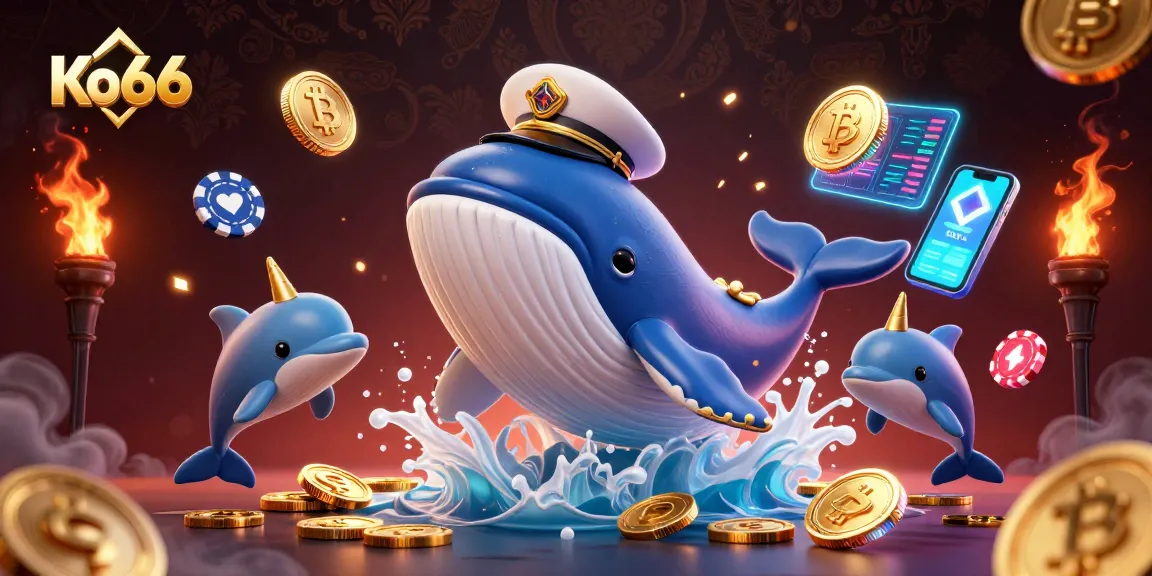 Playful dolphins, a golden horned narwhal, and a captain whale celebrate Ko66's vibrant casino experience.