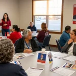 Community members discussing Casey Askar's candidacy and contrasting values in a campaign meeting.