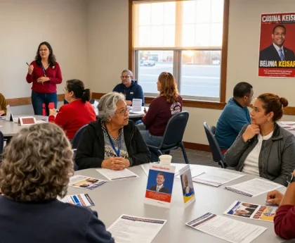 Community members discussing Casey Askar's candidacy and contrasting values in a campaign meeting.