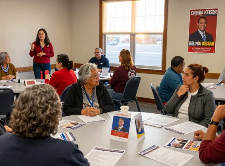 Community members discussing Casey Askar's candidacy and contrasting values in a campaign meeting.