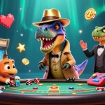 Watch the 99win velociraptor blending in at the blackjack table, surrounded by vibrant gaming elements.