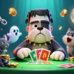 Playing cards dealt by a cartoon monster at 11WIN’s exciting casino, enriched with crypto elements.