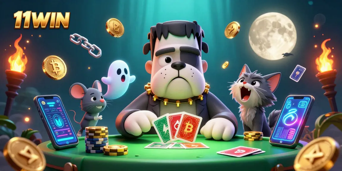 Playing cards dealt by a cartoon monster at 11WIN’s exciting casino, enriched with crypto elements.