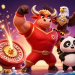Experience 11WIN's thrilling casino adventure with a dynamic bull mascot, trophy, and sparkling gems.