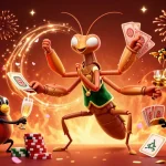 11WIN's giant praying mantis dealer shuffles cards and chips in a vibrant casino scene.