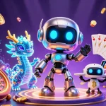 Experience the thrill of nk88 casino with vibrant robot mascots and flying game elements!