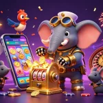 Engage with the j88 tải app in this vibrant casino universe, where a steampunk elephant engineers a golden slot machine.