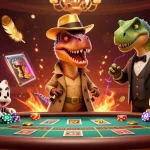Experience thrilling bets at 11WIN with a playful velociraptor card counter in a vibrant casino scene.