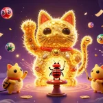 Experience the vibrant energy of fly88 with golden fireflies as a lucky cat amidst exciting casino elements.