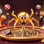 Bet on the thrilling 11WIN experience with a golden spider roulette scene showcasing gambling action